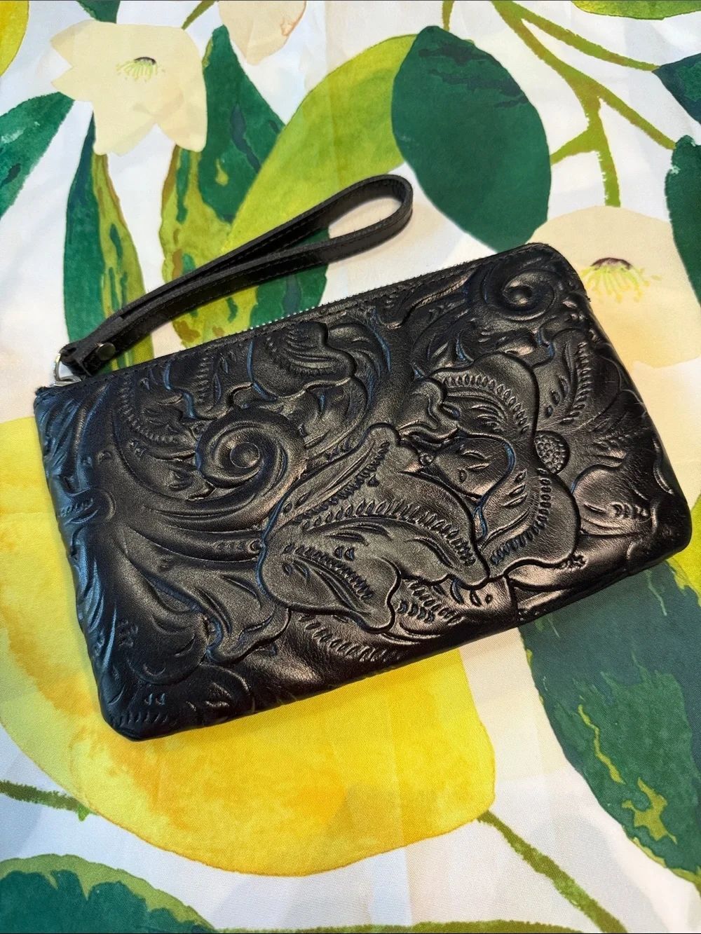 Patricia Nash Black Embossed Leather Wristlet Clutch